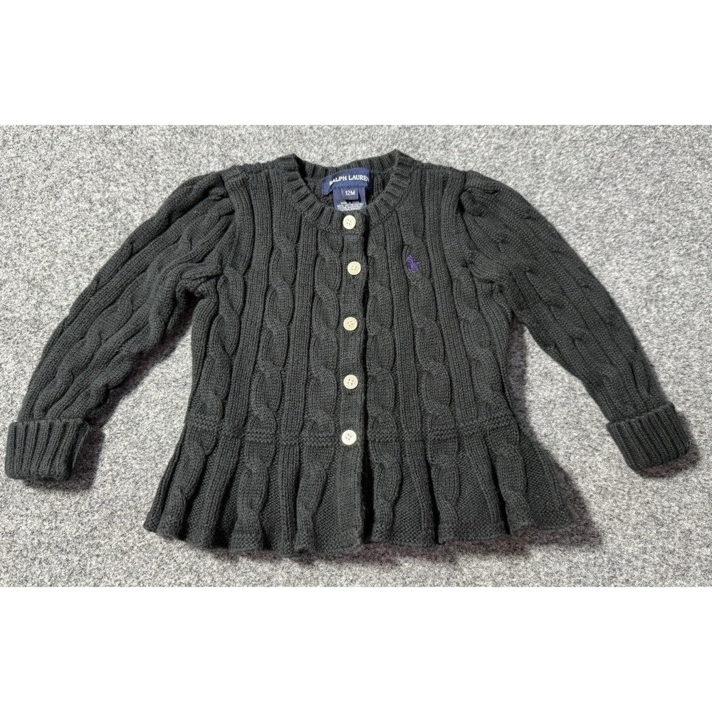 Polo Ralph Lauren Cardigan Sweater Baby 12M Black Ruffle Peplum Cable Knit
